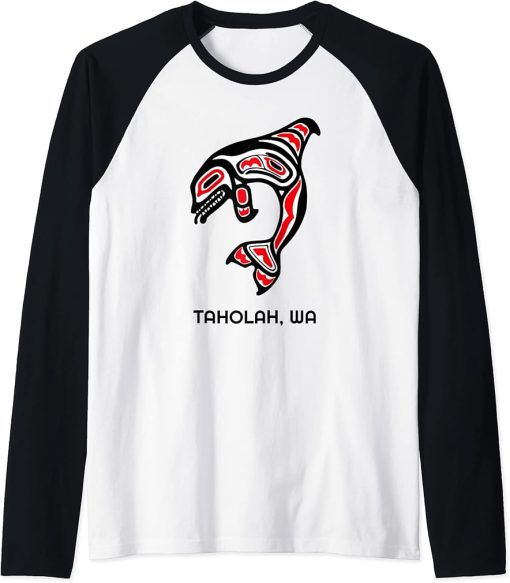 Taholah, Washington Native American Orca Killer Whales Gift Raglan Baseball Tee
